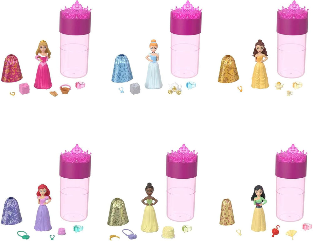 Disney Princess Color Reveal - 6 poupées surprises activées par l'eau, accessoires, pour enfants à partir de 3 ans, Ariel, Tiana, Mulan, Cendrillon, Belle, Aurora, HPX39