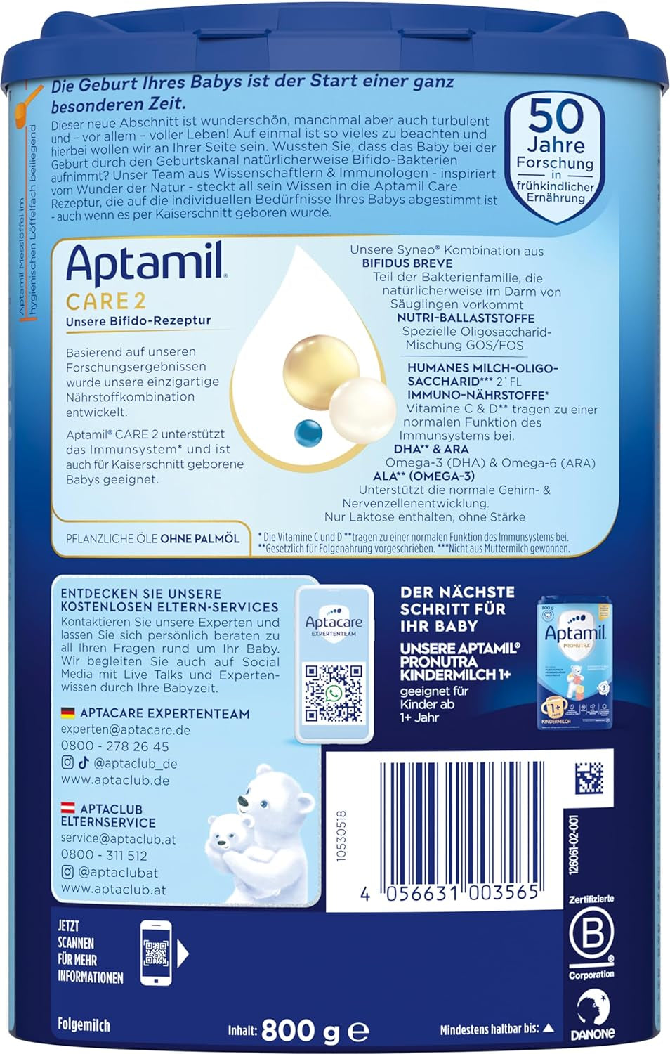 Aptamil Care 2 – Convient également aux bébés nés par césarienne – 1 x 800 g