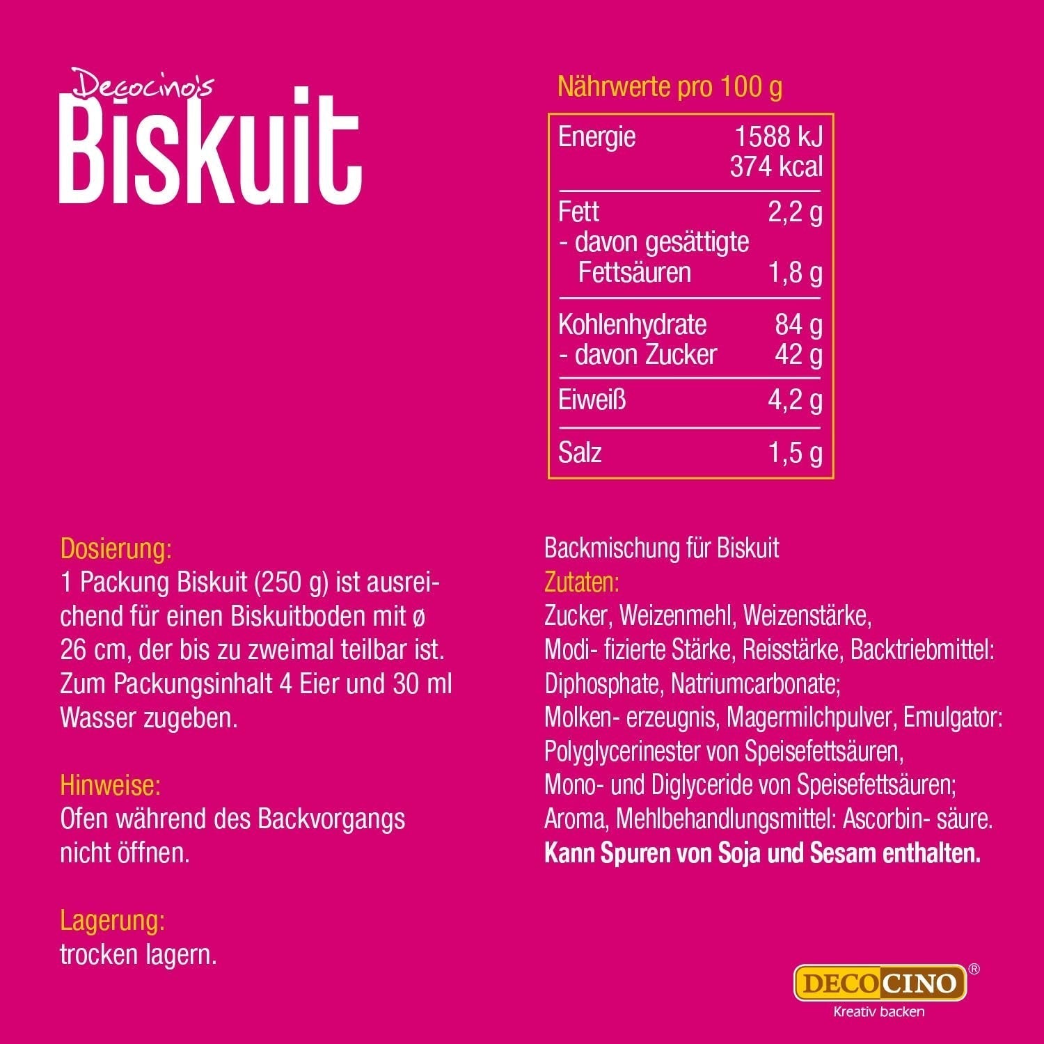 DECOCINO Biscuit Backmischung (250 G) – Einfache Zubereitung – Gelingsicher – Zum Backen Von Luftigen Biskuitböden, Creme-Torten, Biskuitrollen Uvm. Boutique Naty