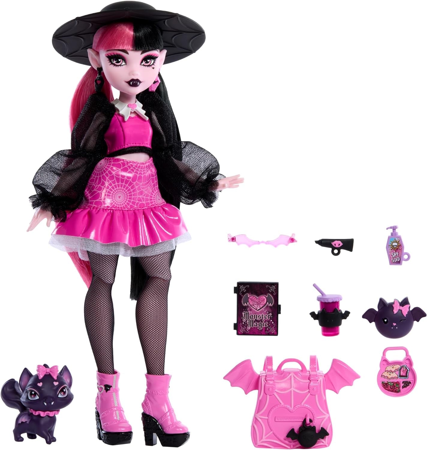 Poupée Monster High Draculaura avec son animal de compagnie, le chat chauve-souris, Count Fabulous, et des accessoires tels qu'un sac à dos, un livre de sorts, une boîte à bento et plus encore, HRP64