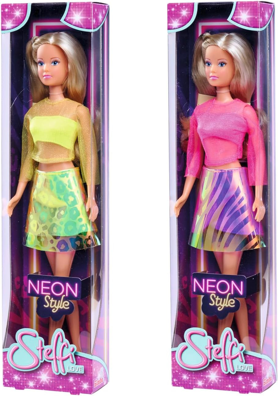Simba Steffi Love Neon Style, 2-Fach Sortiert, es Wird nur EIN Artikel geliefert, Poupée dans des couleurs fraîches au néon et à la roche, poupée de jeu 29 cm, à partir de 3 ans