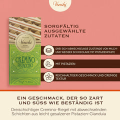 Venchi - Cremino Pistachio Bar, 110g, barre de chocolat au lait et blanc avec pâte de pistache, recette en trois couches aux saveurs méditerranéennes, sans gluten, sans colorants artificiels