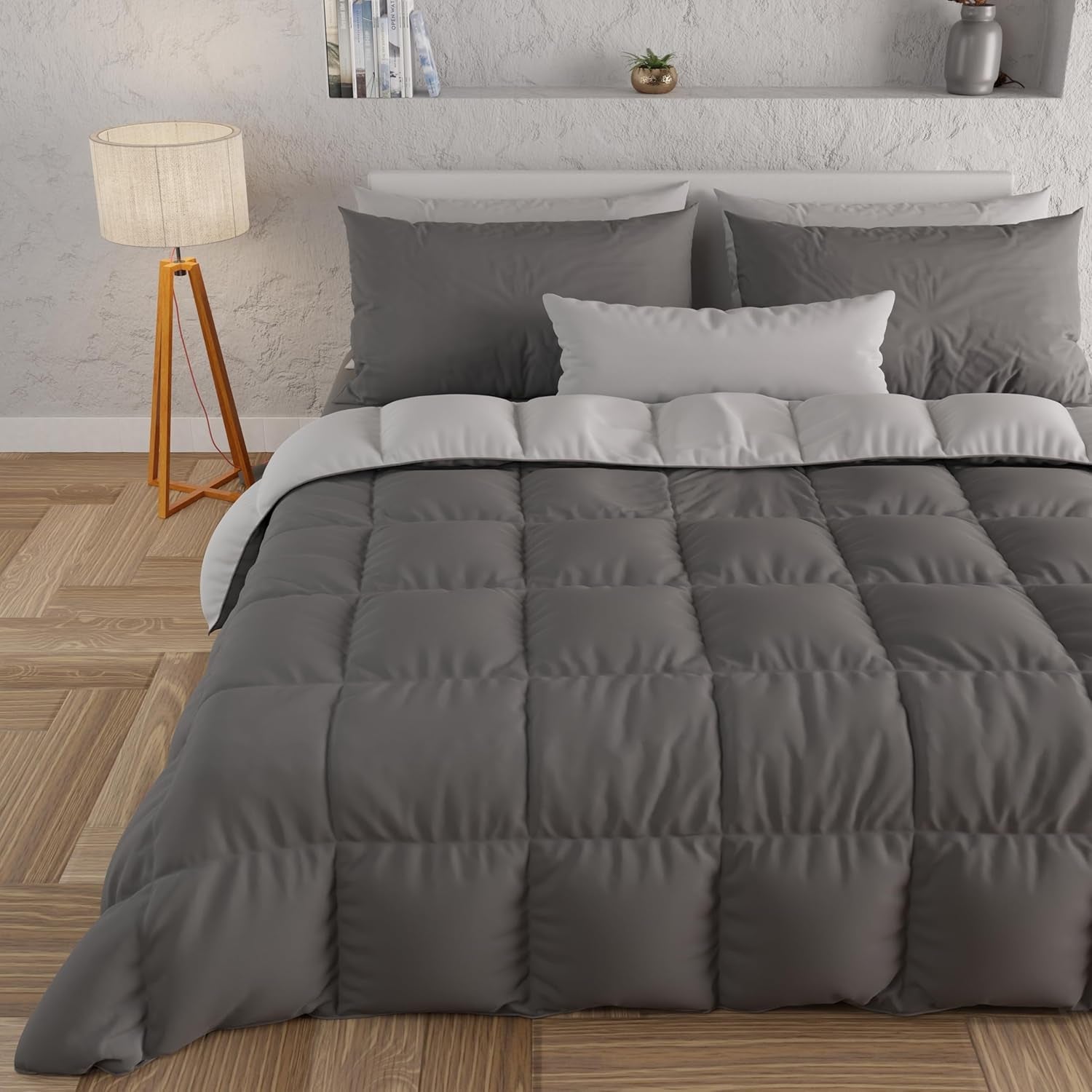 PETTI Artigiani Italiani - Couette d'hiver pour lit double, maxi, monochrome, double face, blanc, gris, 100% Made in Italy Couettes et couettes Naty Shop Gris Taille du lit 120-130X200 : [Couette 220 X 260 Cm]