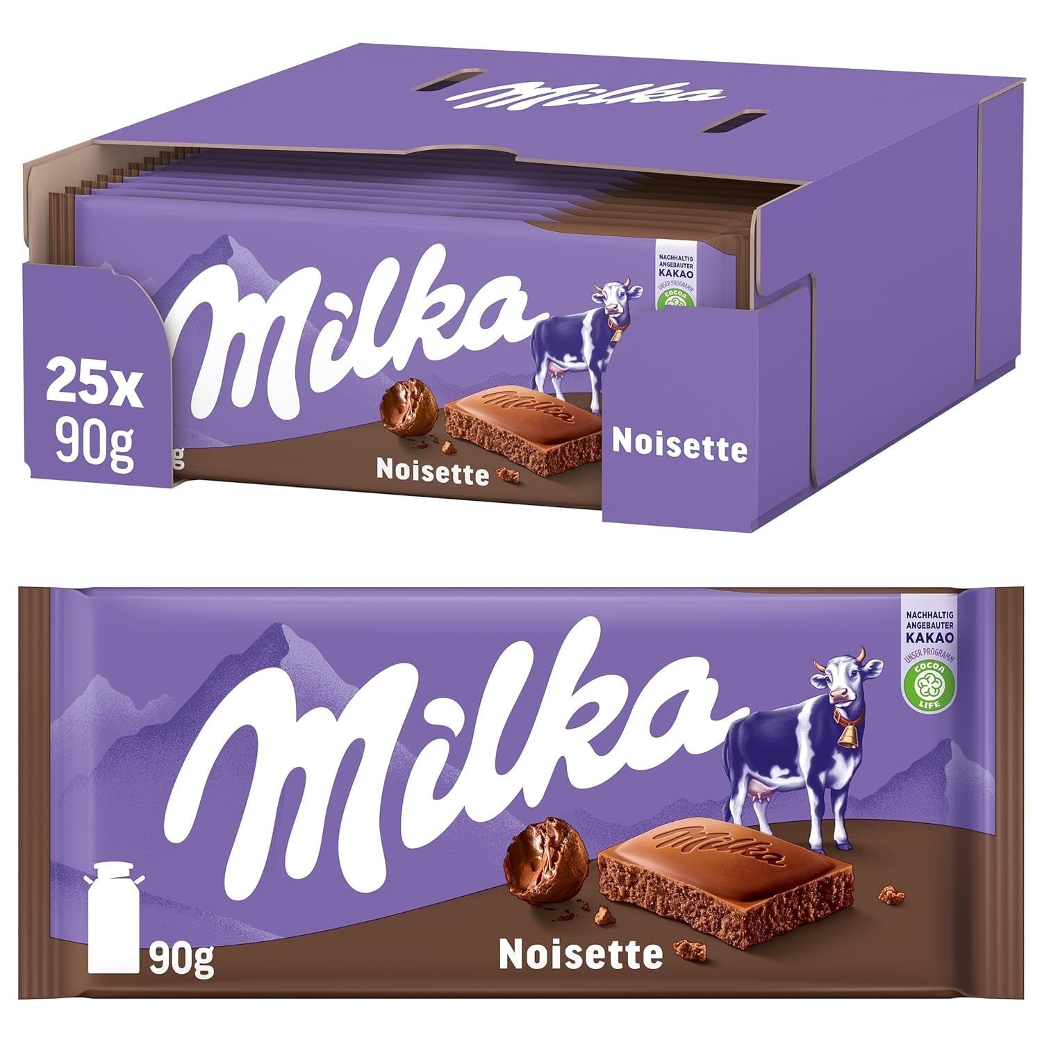 Milka Noisette – Chocolat au lait alpin fourré délicatement et crémeux aux noisettes – 25 x 90g