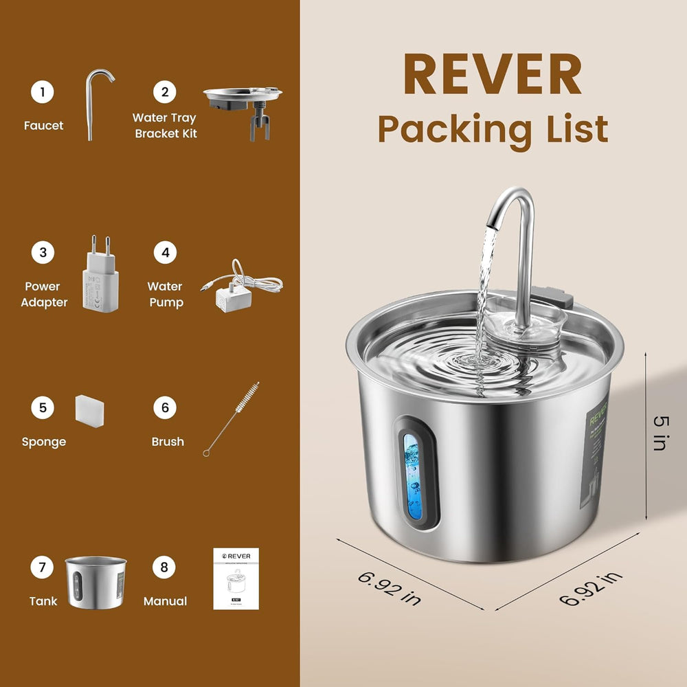 Katzenbrunnen Edelstahl 2.2L, Rever Ultraleiser Trinkbrunnen für Katzen mit Wasserstandsfenster, 3-Stufiges Filtersystem, Wasserspender für Katzen, Hunde & Kleintiere, Edelstahl Katzenbrunnen