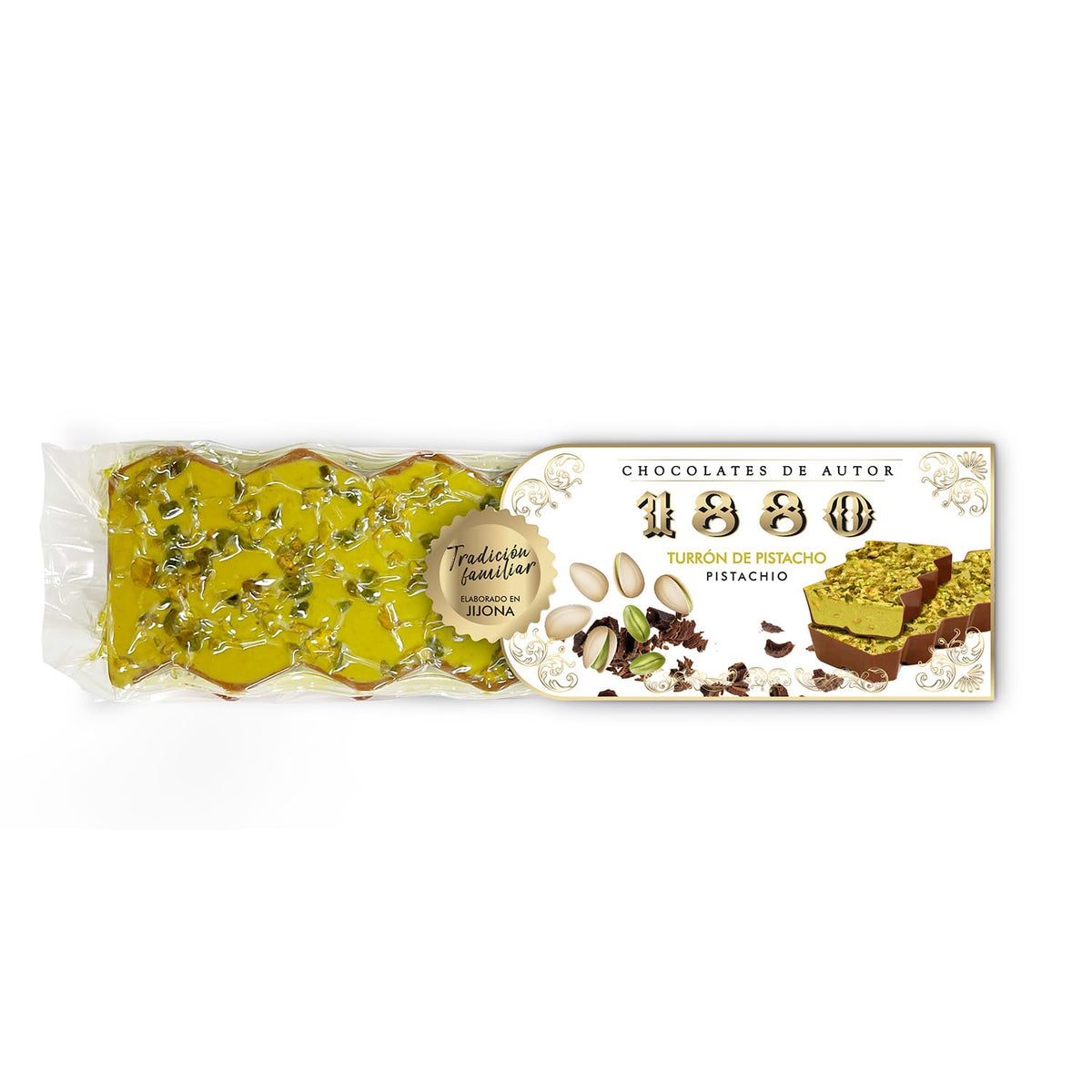 Touron artisanal chocolat pistache, 200g, texture crémeuse, qualité supérieure, ingrédients fins, goût authentique, le touron le plus cher au monde