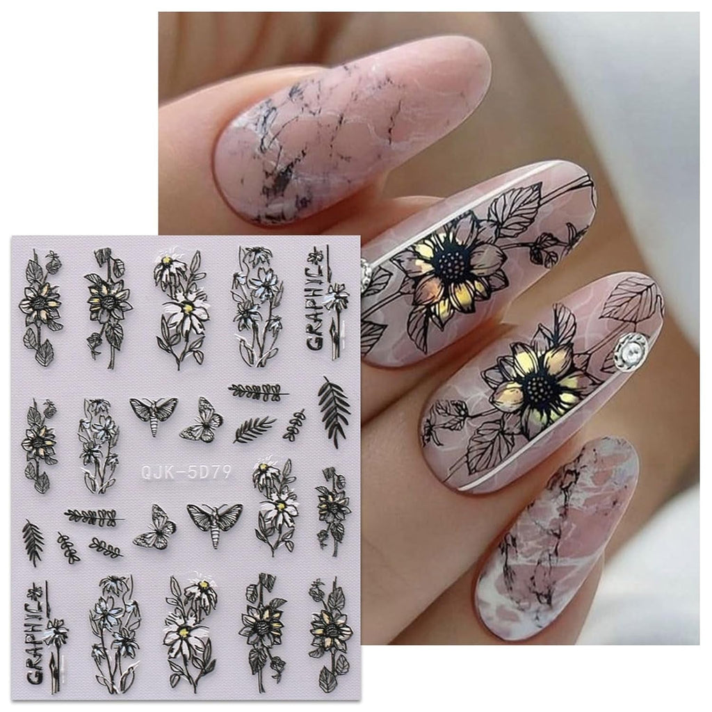 JMEOWIO 6 Blatt 3D Nagelsticker Frühlings Blume Nail Art Sticker Selbstklebend Nagelaufkleber 5D Stereoskopisch Bunte Sommer Blumen Dekoration Nageldesign Zubehör