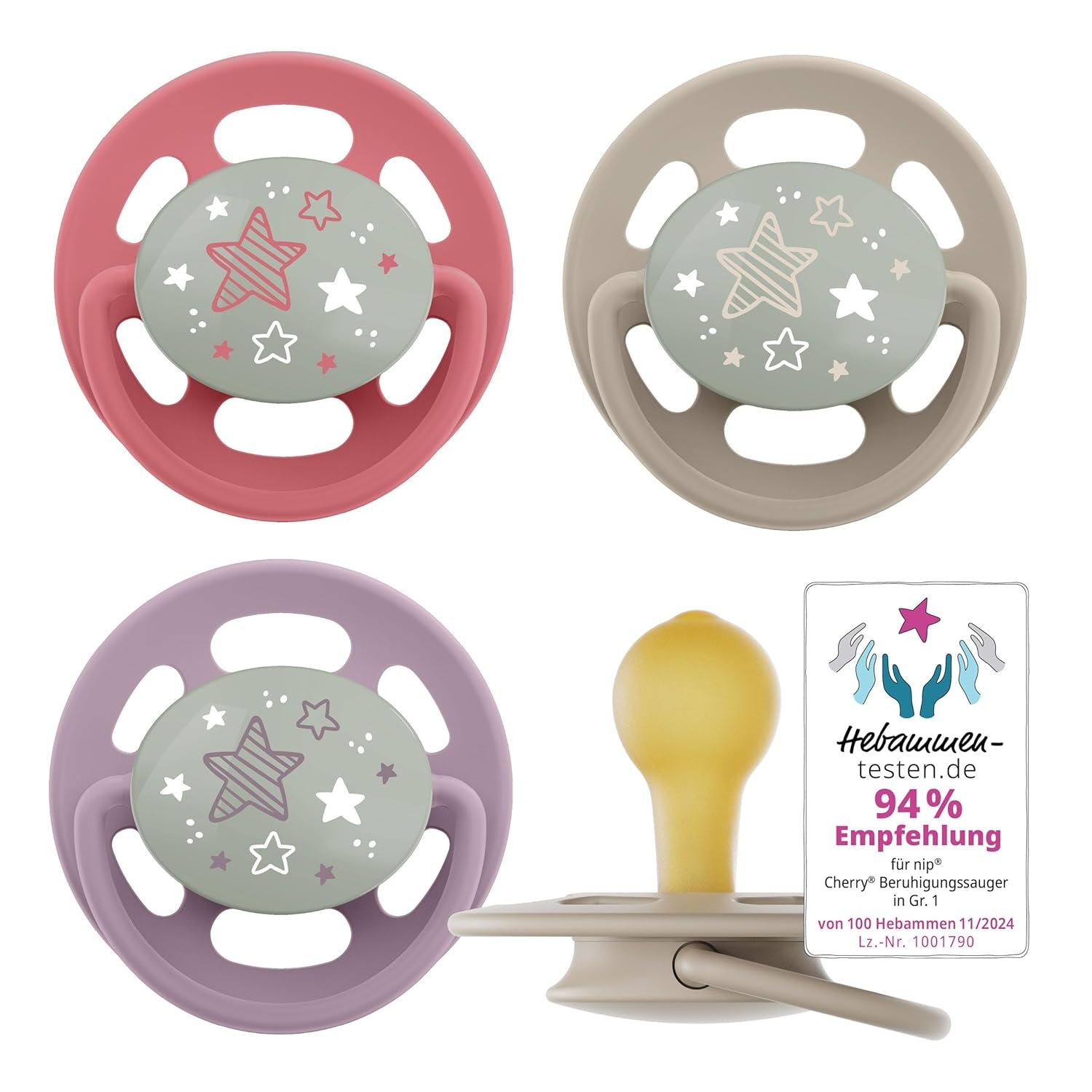 pincement - Vert Cerise | 0-6 mois | Paquet de 4 | Sucette pour bébé, adaptée à l'allaitement et à la dentition. Sucette durable, fabriquée à partir de matières premières naturelles, vert clair/marron