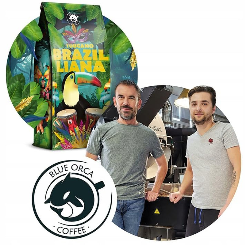 Café moulu Brazilliana Toucano 1 kg | 100% Arabica | avec des notes de noix, de chocolat et de raisins secs | torréfaction moyenne, faible acidité | pour machines à expresso | Torréfaction de café Blue Orca