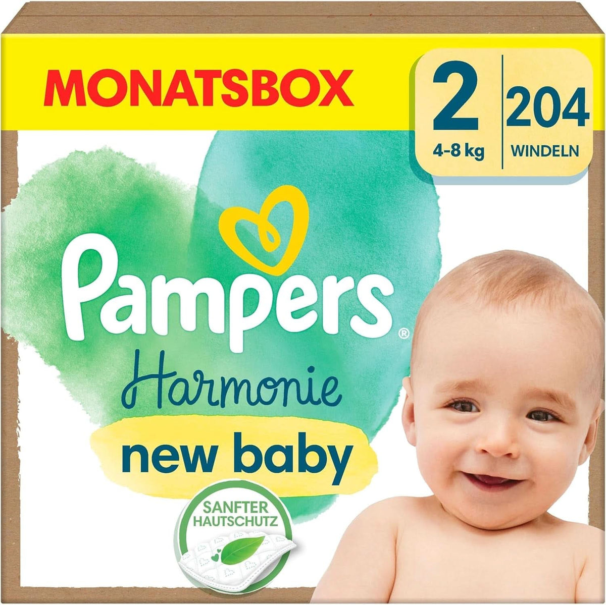 Couches Pampers Baby taille 2 (4-8 kg) Harmony, Protection douce de la peau et ingrédients d'origine végétale, 204 pièces Mère et Bébé Naty Shop
