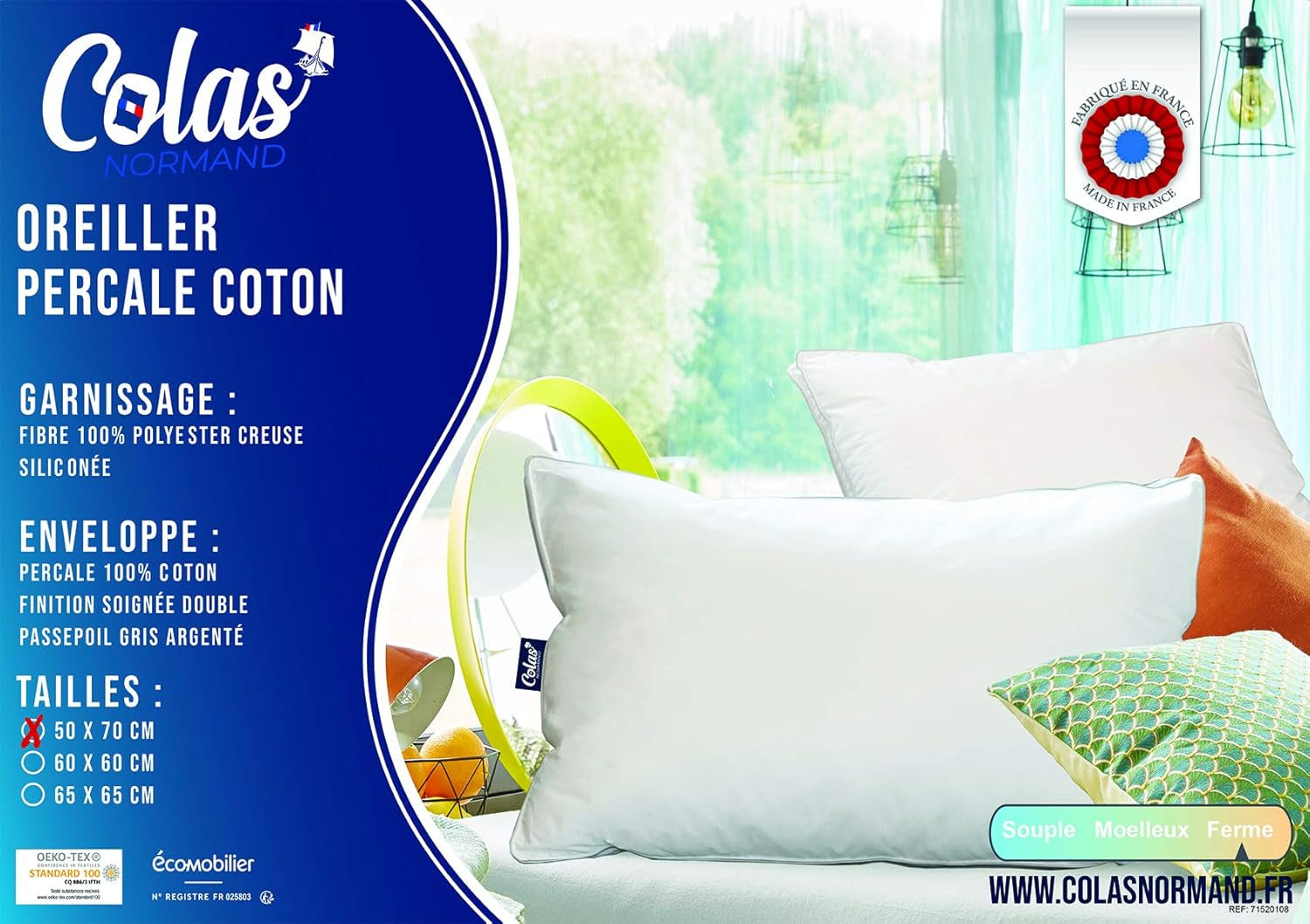 Oreiller, Coton, Percale, 50 X 70 cm, Finition Fine, Confort, Percale, 100% Coton, Haute Qualité, Doux, Fabriqué en France, Blanc 73130220 Naty Shop Oreillers Standard