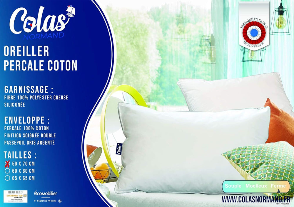 Oreiller, Coton, Percale, 50 X 70 cm, Finition Fine, Confort, Percale, 100% Coton, Haute Qualité, Doux, Fabriqué en France, Blanc 73130220 Naty Shop Oreillers Standard