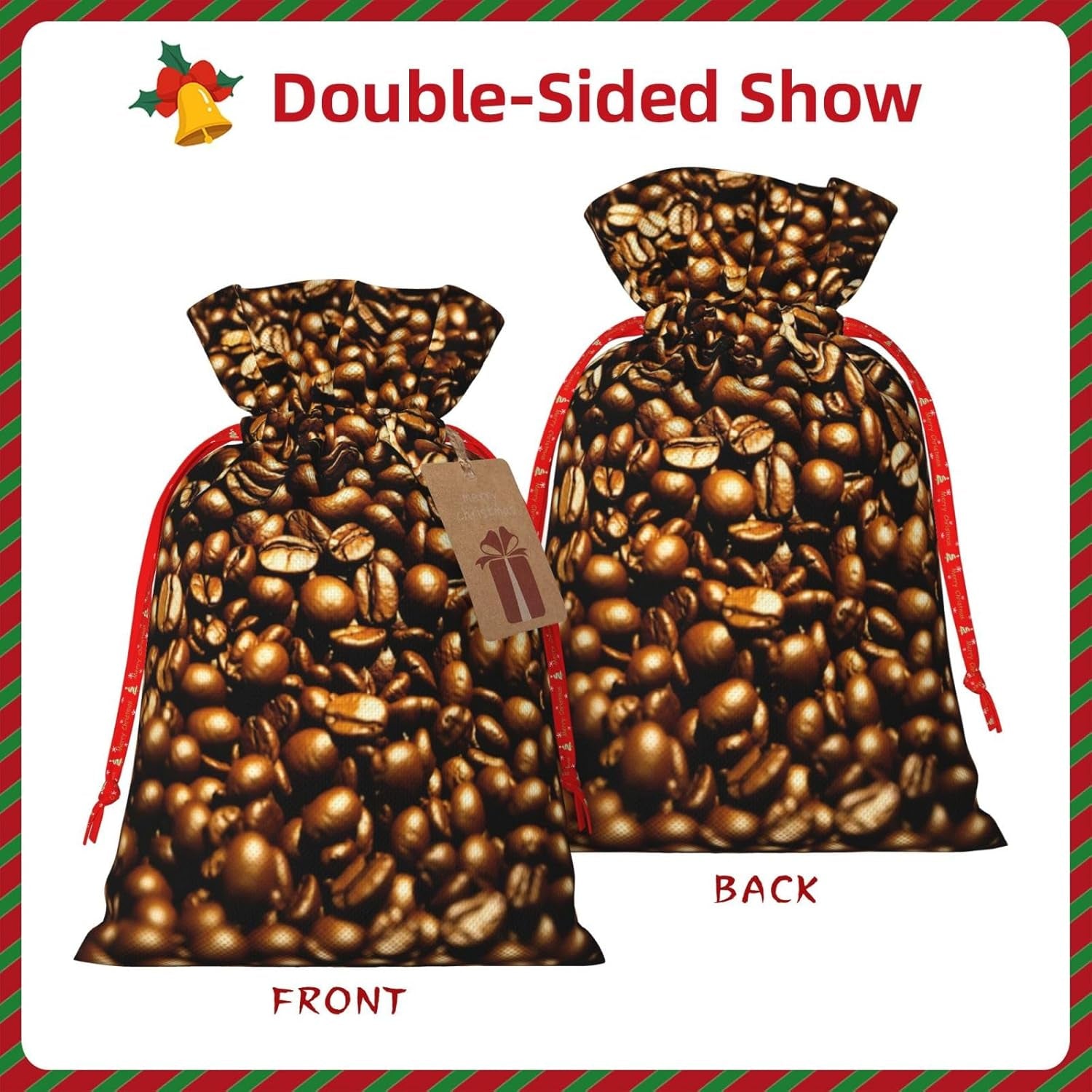 Lustige geröstete Kaffeebohnen, Weihnachtsbeutel mit Kordelzug, robuste, 11,9 x 17,5 cm, geeignet für Partygeschenke und Geschenkverpackung, 1 Stück