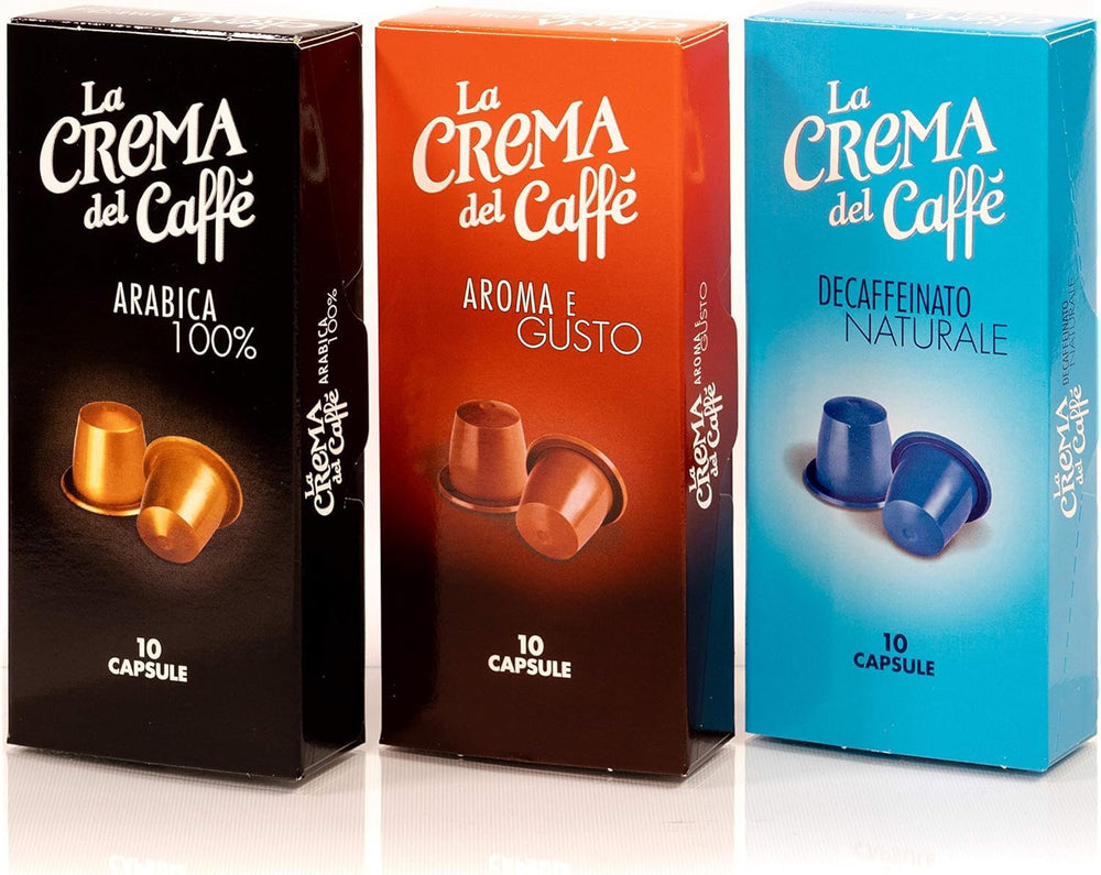 La Crema del Caffè Decaffeinato Naturale, 120 capsules de café sans café compatibles Nespresso avec des quantités et des arômes variés et des arômes de chocolat et de gewürzen