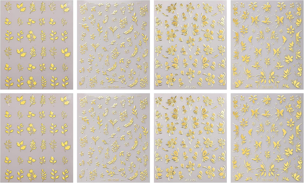 JMEOWIO Nagelsticker Goldene Blumen 8 Blatt Nail Art Sticker Selbstklebend Nagelaufkleber Dekoration Nageldesign Zubehör