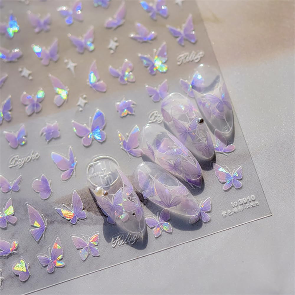 2 Blätter Schmetterling Nagelsticker Selbstklebend,Muschel Glitzer Nail Art Butterfly Nail Sticker Lila Grau Schmetterlinge Nagelaufkleber Relief Laser Papillons Nagel Sticker Nageldesign Zubehör