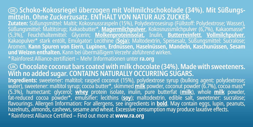CHOCOLAT frankonia SANS SUCRE AJOUTÉ barres de chocolat et noix de coco, 100 g (3x33 g)