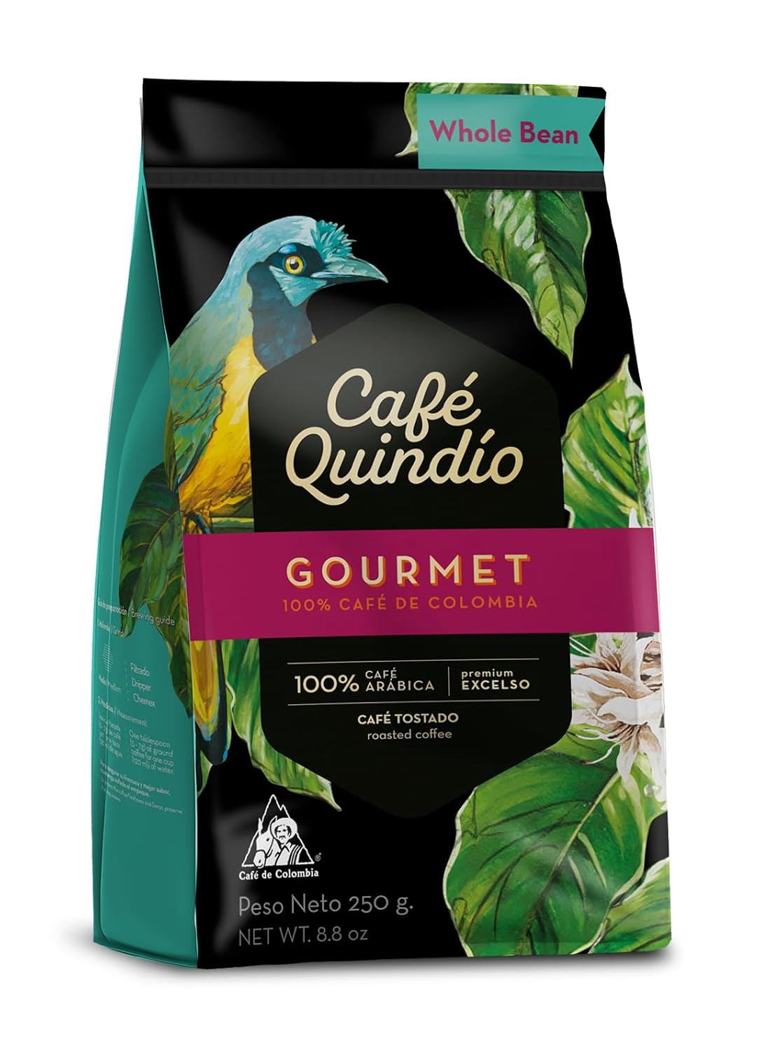 Cafe Quindio Gourmet - Café Spécial - Café en grains 100% Arabica, Colombie, 250g - idéal pour les machines à porte-filtre, les machines entièrement automatiques, le café filtre ou la presse française
