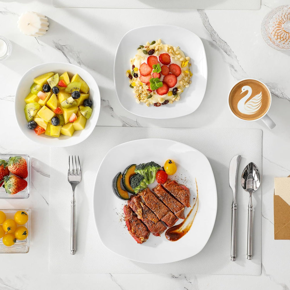 MALACASA Service de table pour 4 personnes, 16 pièces en porcelaine blanche, service de table moderne avec 4 assiettes plates, assiettes à dessert, assiettes et tasses Suma, série ELISA