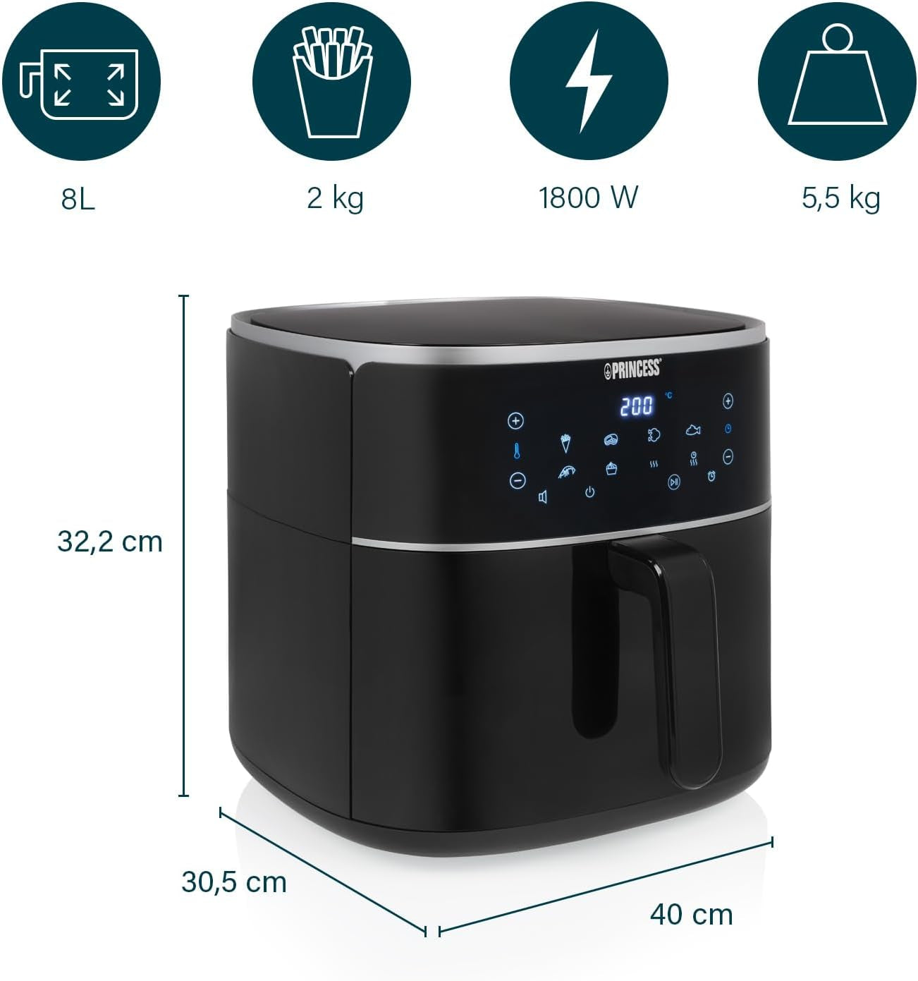 Friteuse à air chaud numérique Princess - Capacité du bol variable - 8 litres maximum - 6 programmes prédéfinis Électroménager Naty Shop