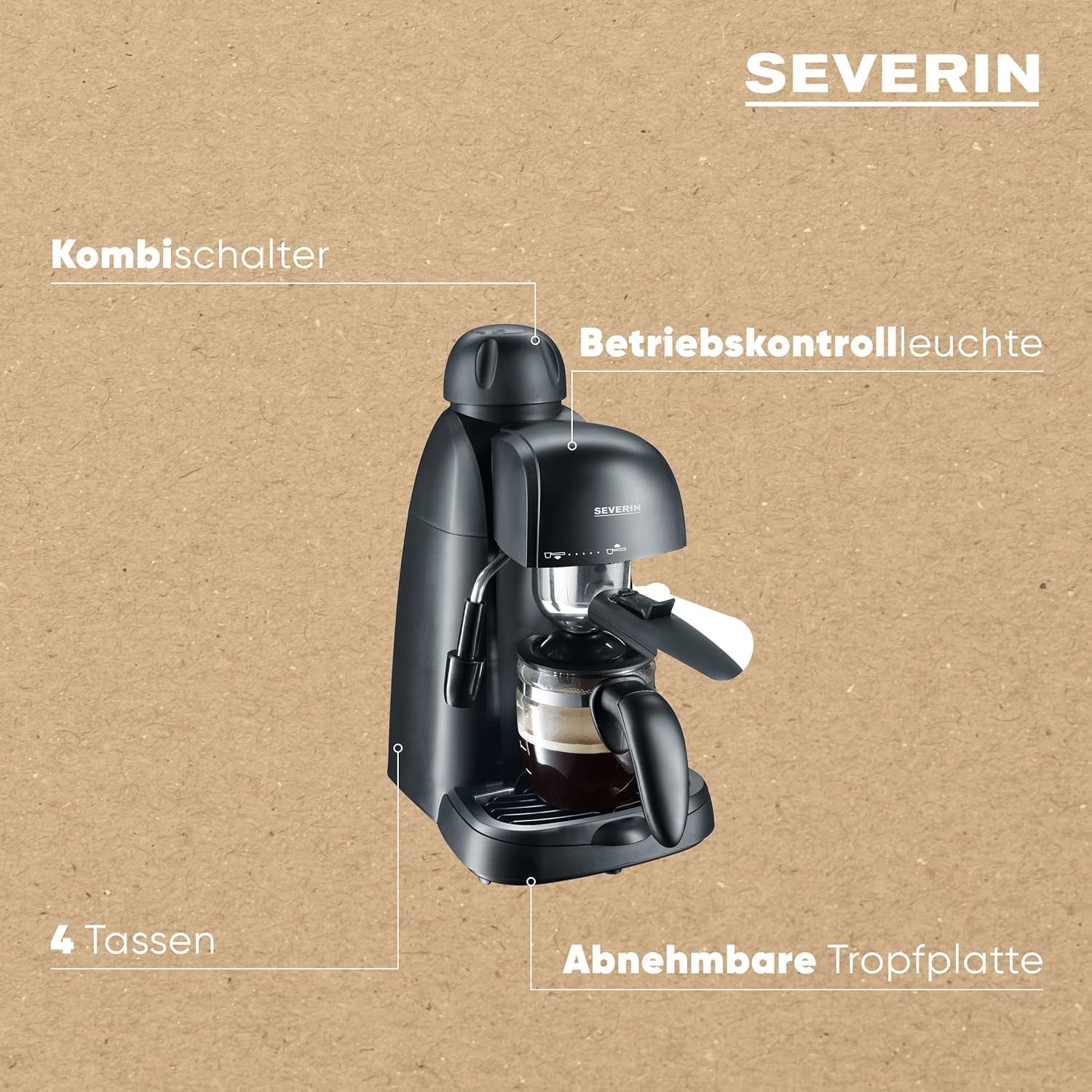 Machine à expresso SEVERIN KA 5978 (comprend un bol de service et une cuillère doseuse, jusqu'à 4 tasses) noir, Standard