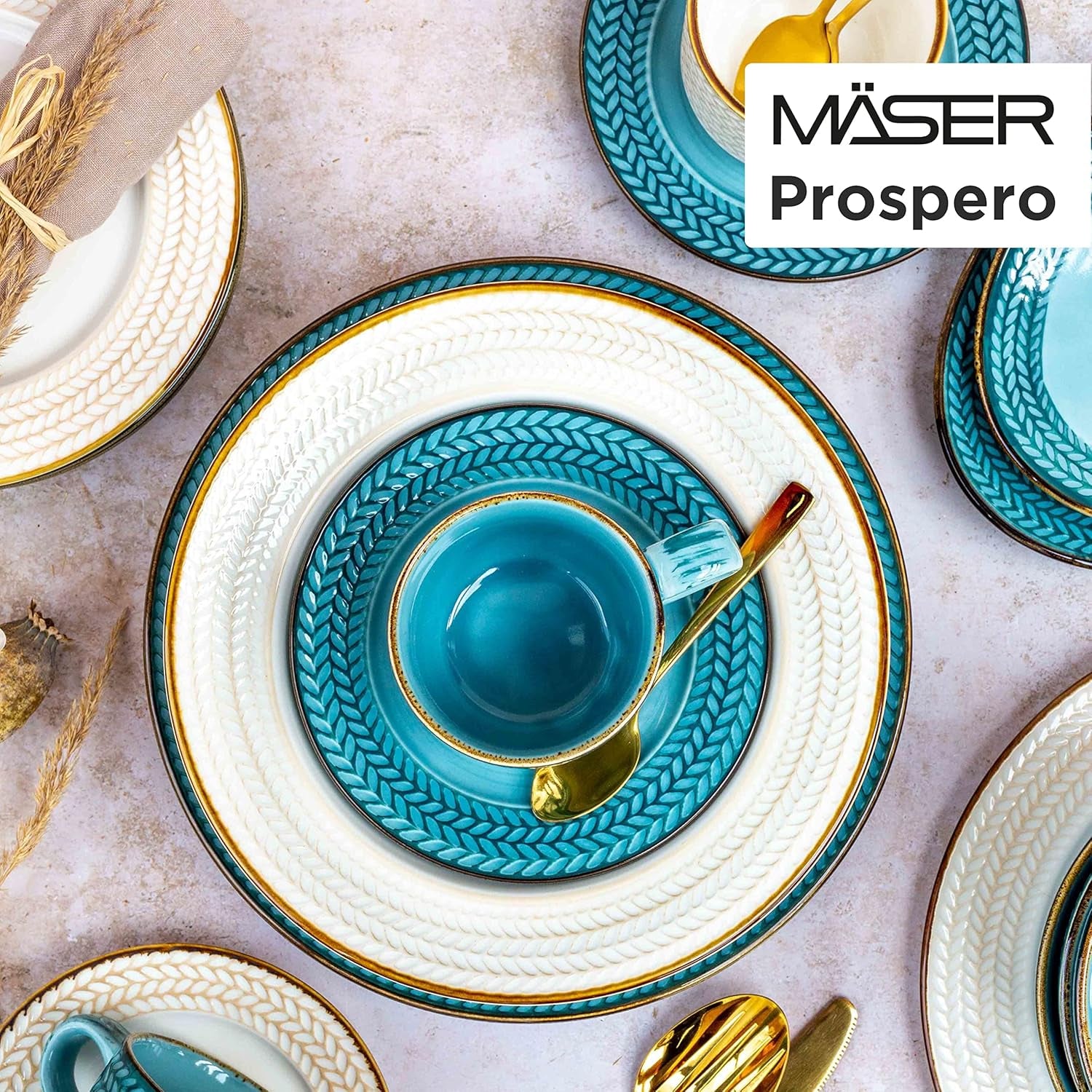 Prospero Service à café haut de gamme pour 4 personnes, qualité restaurant, service à café moderne 12 pièces dans un style vintage unique, porcelaine durable, bleu
