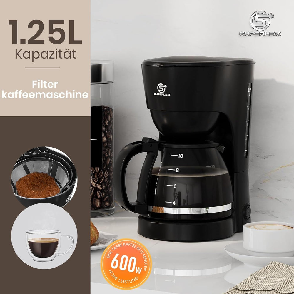 Cafetière filtre 1,25 L pour 10 tasses de café filtre, carafe en verre lavable au lave-vaisselle, thermos, système anti-goutte, arrêt automatique, 600 W, protection contre l'ébullition sans eau pour la maison et le bureau