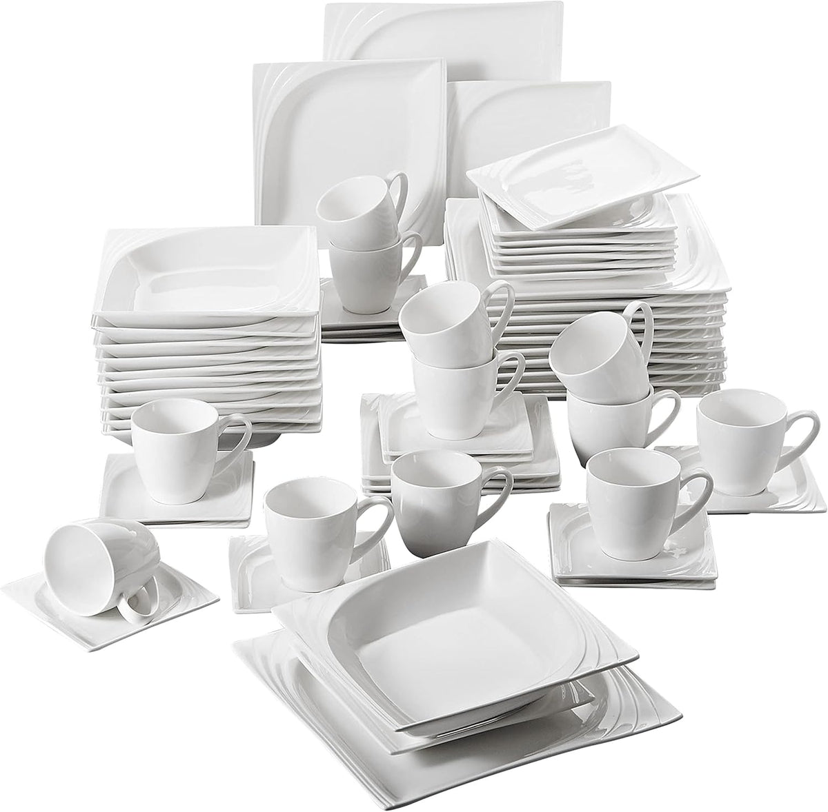 MALACASA, Série Monica, Service de table pour 12 personnes, Porcelaine blanc-crème, Service combiné avec 12 tasses à café, 12 soucoupes, 12 assiettes à dessert, 12 assiettes plates et 12 assiettes plates