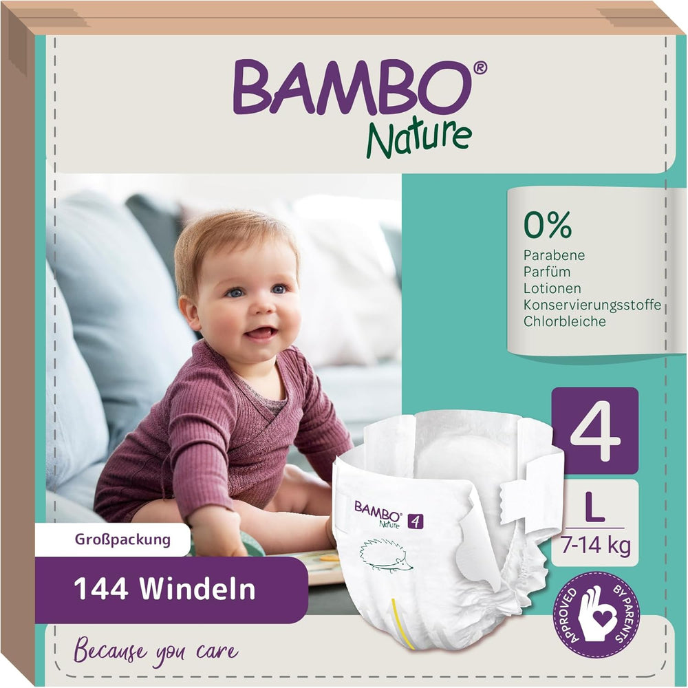 Couches Bambo Nature pour bébés, taille 4 (7-14 kg), 144 pcs, boîte mensuelle | Couches haut de gamme avec protection améliorée contre les fuites | Confort et liberté ultimes pour les enfants actifs | Couches testées dermatologiquement