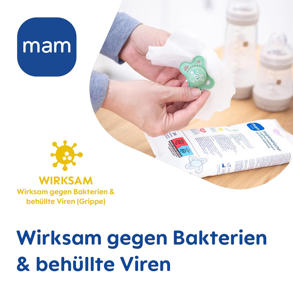 MAM Lot de 3 serviettes hygiéniques (3 x 24 pièces), lingettes nettoyantes pour dispositifs médicaux et accessoires pour bébé, serviettes hygiéniques antibactériennes et anti-virus
