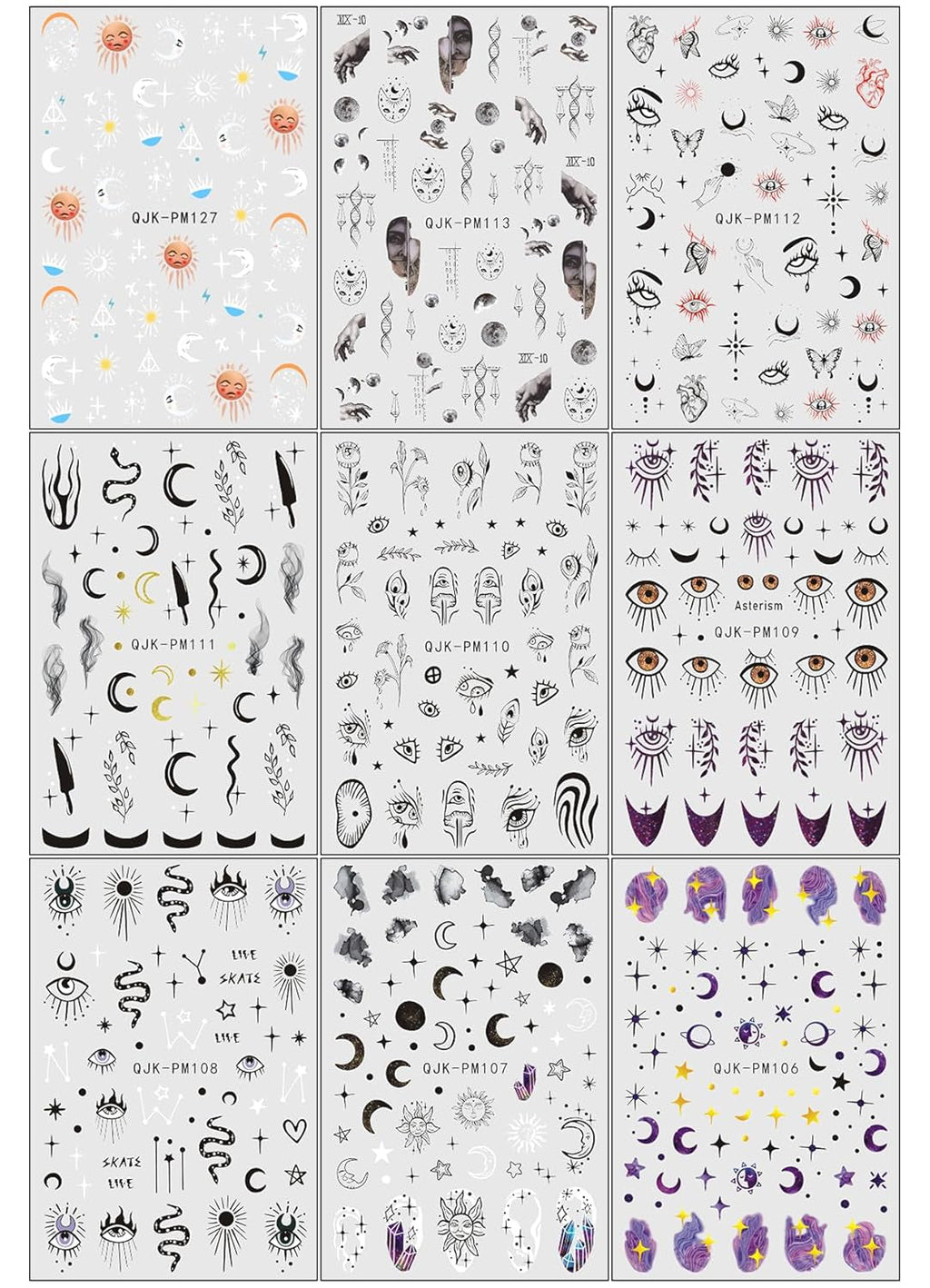 Jmeowio Nagelsticker Mond Stern Sonne 9 Blatt Nail Art Sticker Selbstklebend Nagelaufkleber Bunte Dekoration Nageldesign Zubehör