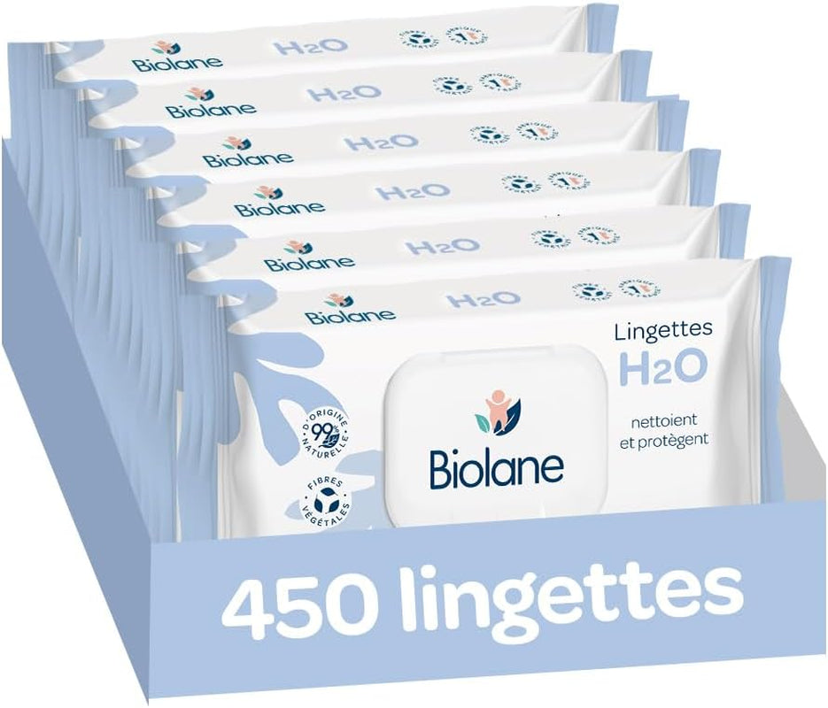 BIOLANE - Lingettes humides bébé à l'eau - 225 lingettes - 3 x 75 pièces - Nettoyage doux et efficace - Dès la naissance - Qualité française