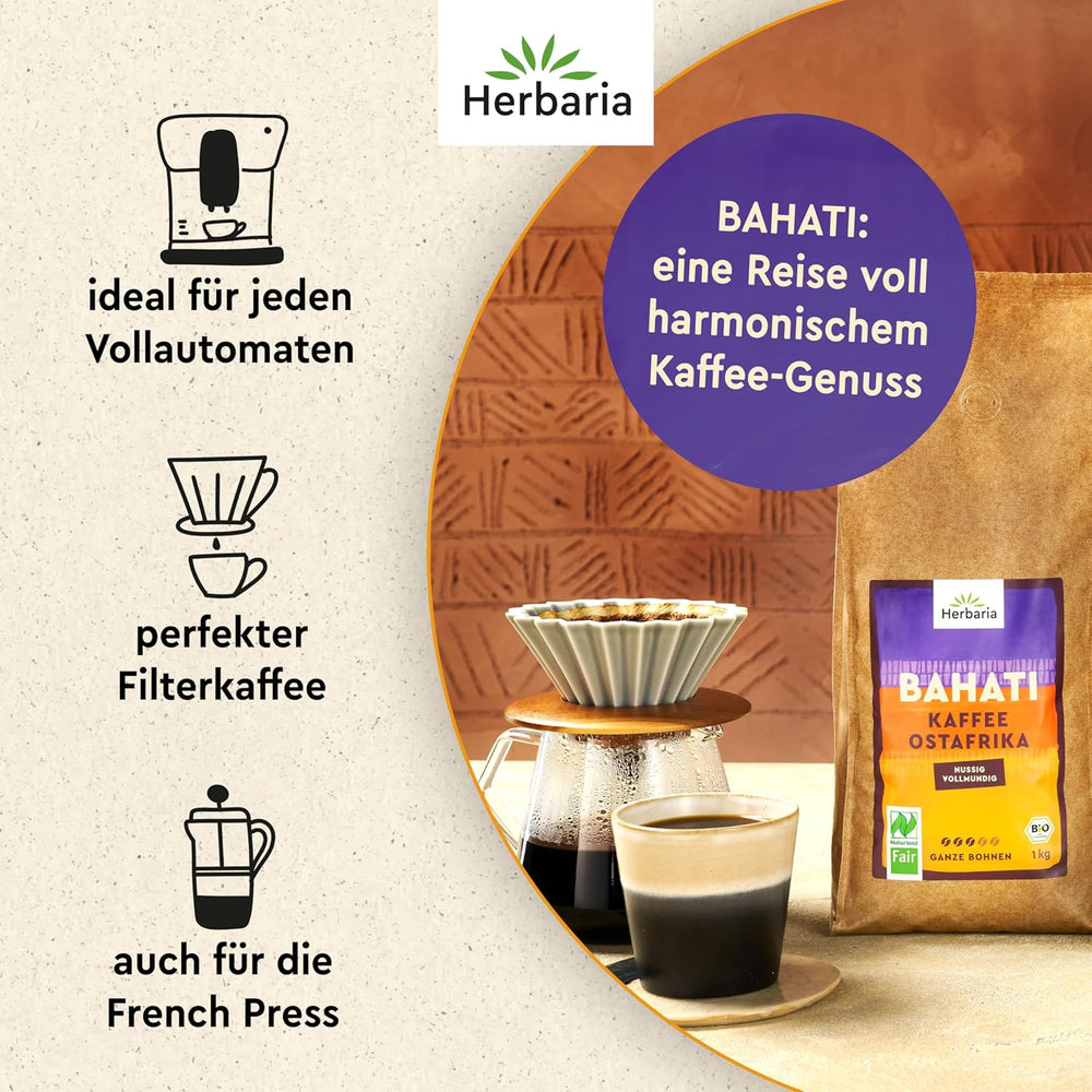 Herbiers BAHATI | BIO Café Ganze Bohnen | Naturland Fair certifié en Afrique du Sud | ausgefunge Röstaromen mit Noten von gerösteten Nüssen & Schokolade | Machines à café pour machines à café | 1kg