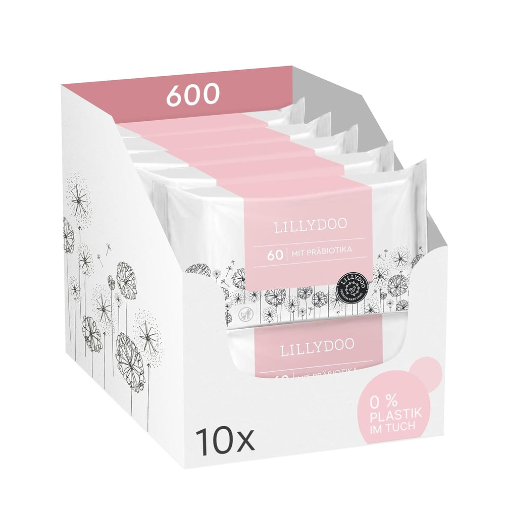 Șervețele umede LILLYDOO verzi, 600 bucăți (10 x 60), șervețel 100% fără plastic, rezistent la rupere - fără parfum, delicate și naturale, curățare delicată pentru pielea sensibilă, testate dermatologic
