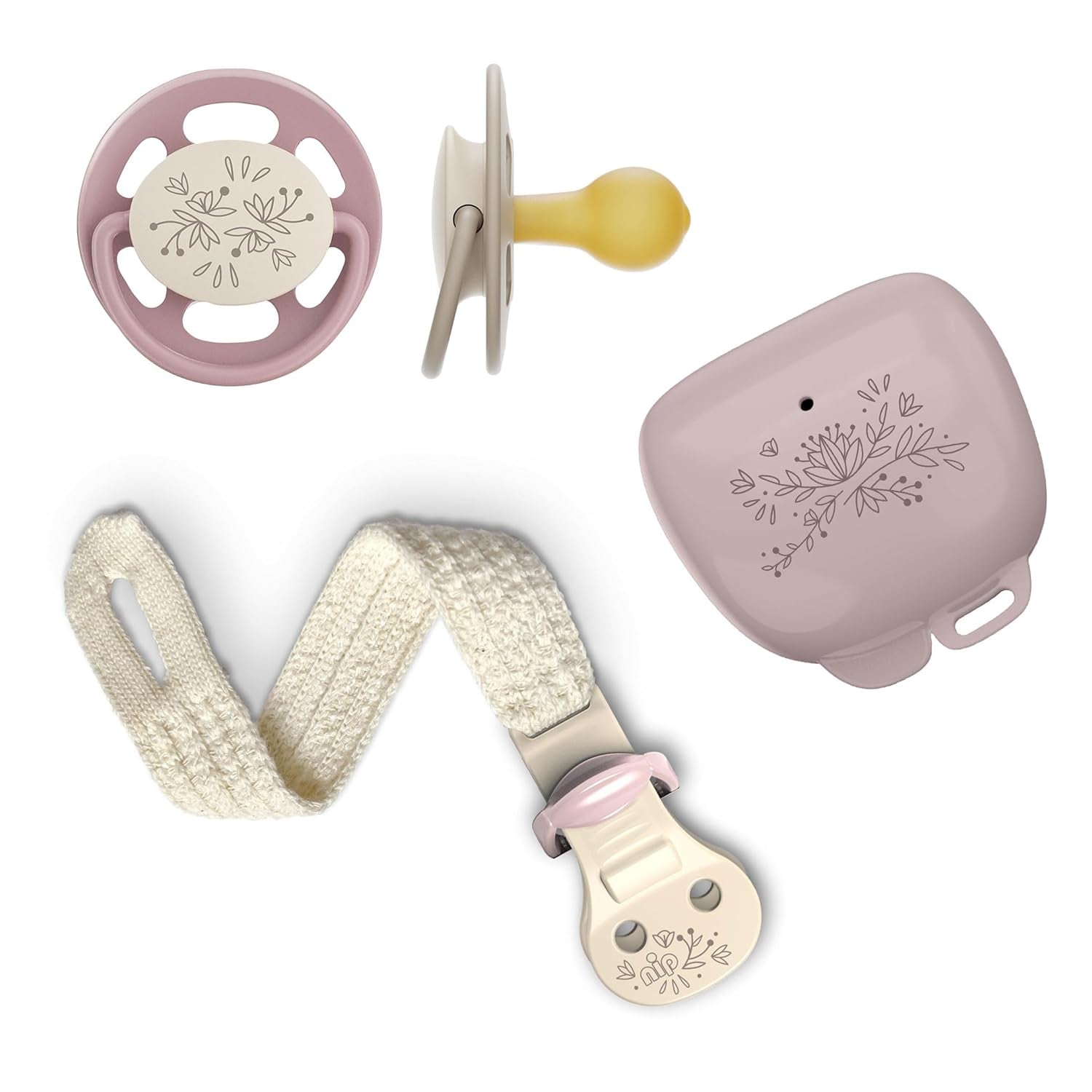 pincement - Vert Cerise | 0-6 mois | Paquet de 4 | Sucette pour bébé, adaptée à l'allaitement et à la dentition. Sucette durable, fabriquée à partir de matières premières naturelles, vert clair/marron