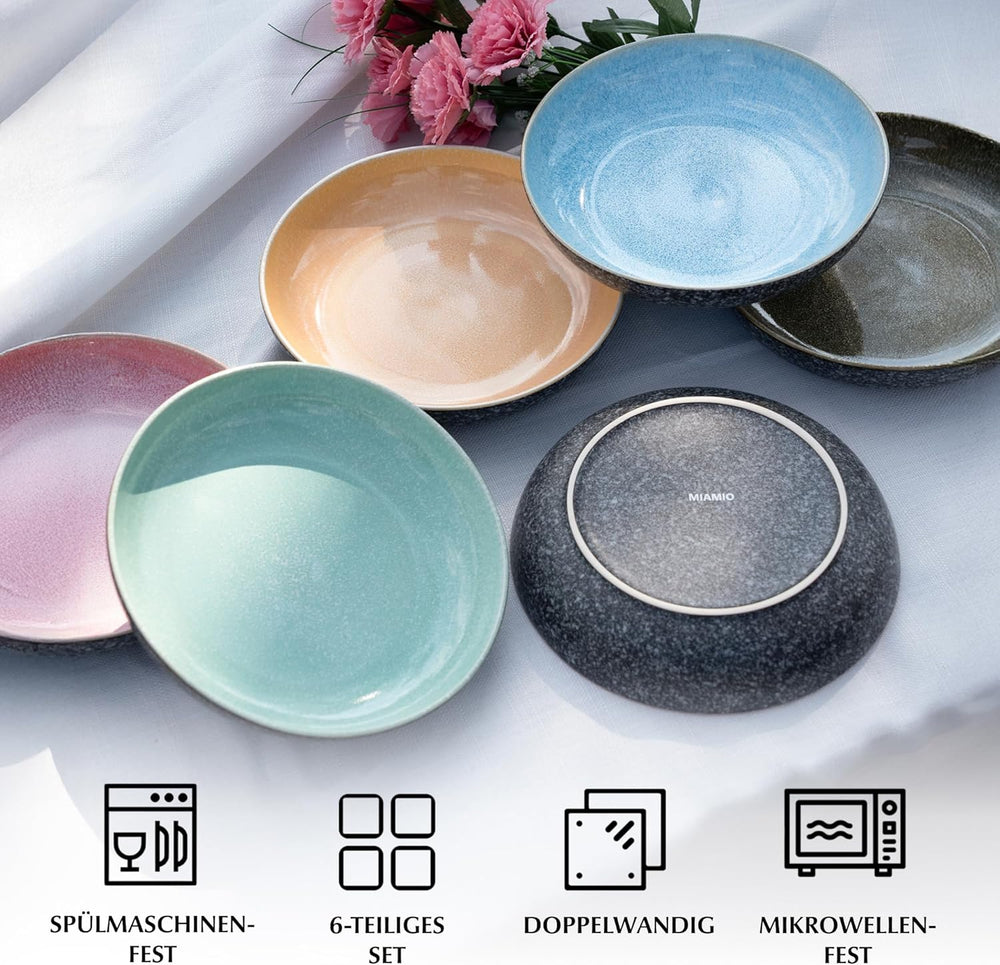 MIAMIO - Assiettes plates, lot de 6 (850 ml) / Assiettes à pâtes grandes et profondes, ensemble d'assiettes pour 6, saladier en céramique / lavable au lave-vaisselle et au micro-ondes - Collection Las Palmitas