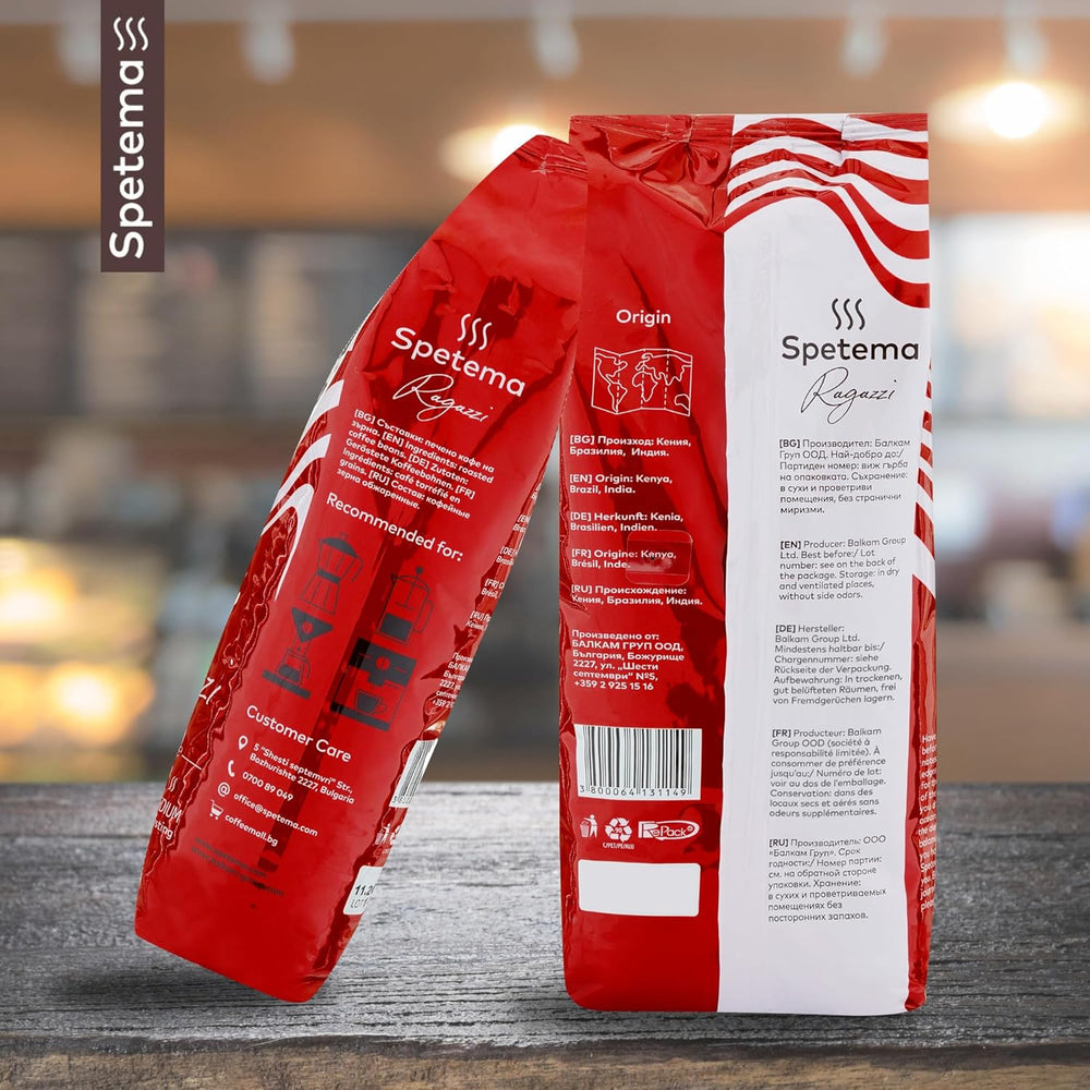 Barre à expresso Spetema Kaffeebohnen Ragazzi - 50 % Arabica et 50 % Robusta, intensité 8/10, Mittlere Röstung, Zartes Aroma & Dichtes Geschmackserlebnis, 1 kg.