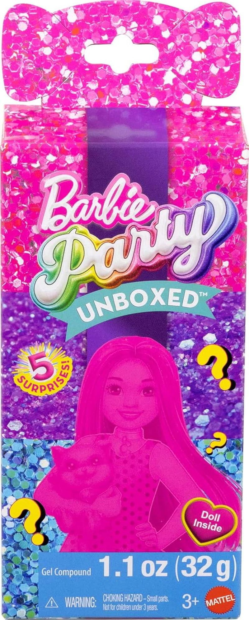 Barbie Party Unboxed Puppe und Accessoires, Glam Party Serie mit 10 Überraschungen, darunter eine rote glitzernde Puppe mit Farbwechseleffekt, JFY68