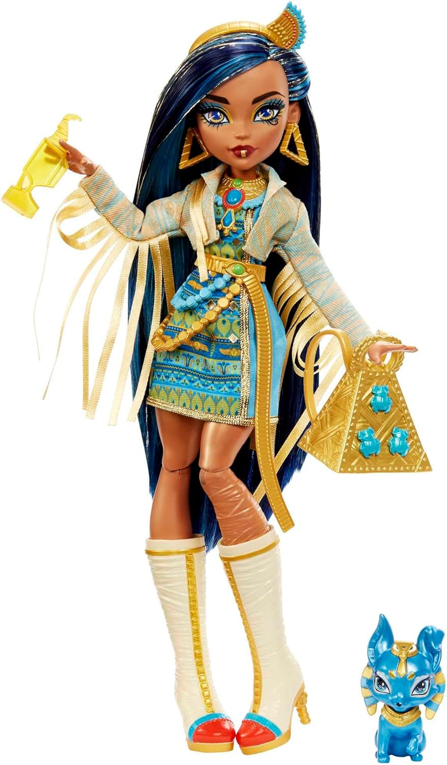Monster High Cleo de Nile Puppe, Mummie Modepuppe, Königliches Outfit, Killerstiefel, Pyramidenrucksack, Accessoires, pour enfants à partir de 4 ans, HHK54