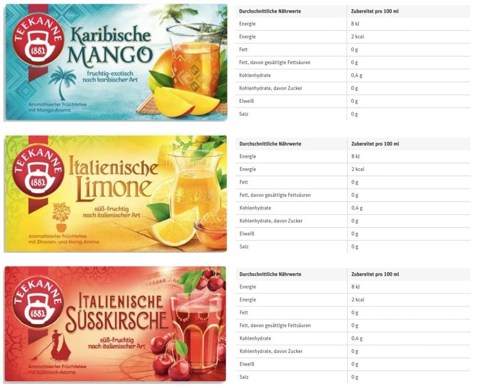 Teekanne Mélange de thés de différents pays, abricots grecs, oranges espagnoles, citrons italiens, mangues des Caraïbes, pêches méditerranéennes, cerises douces italiennes, 6 paquets, 270 g