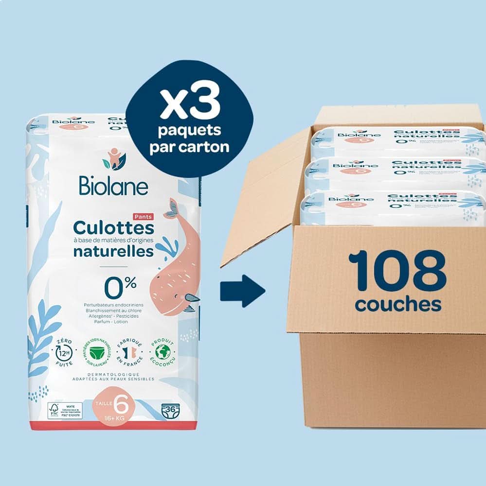 BIOLANE - Couche culotte - Taille 6 (16 + kg) - Pas de fuite pendant 12 heures - Forfait 1 mois - 108 Couches - Ecologique Mère et Enfant Naty Shop