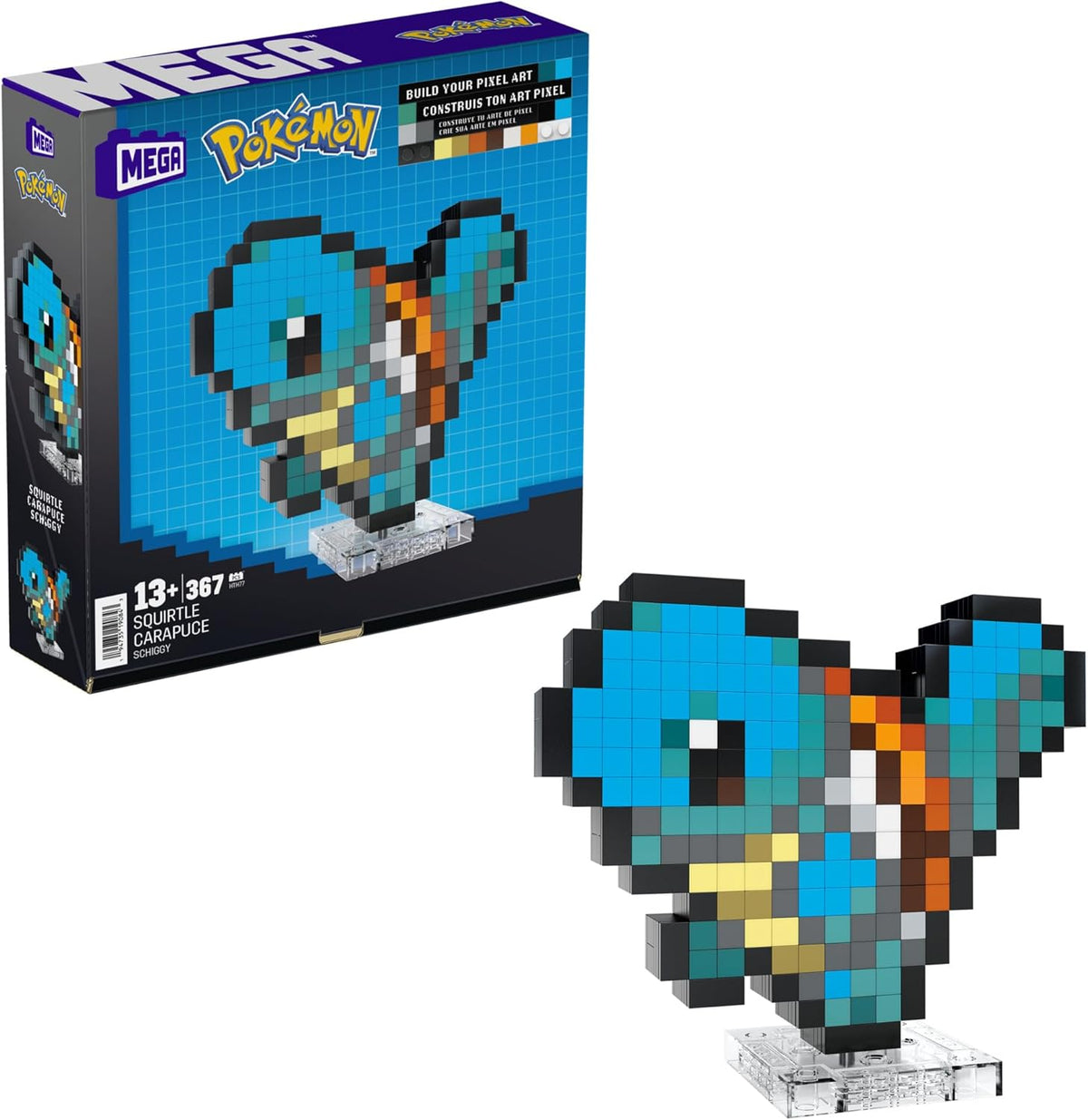 MEGA Pokémon Schiggy - Figurine conçue au look rétro, Pixel Art, 15 cm de large, avec base pour le montage mural, pour les enfants et les adultes, HTH77