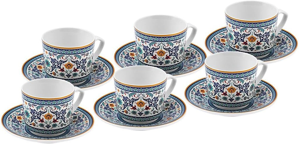 KARACA Beylerbeyi - Ensemble de 12 tasses à café turques, 6 tasses à expresso en porcelaine avec soucoupes, ensemble de tasses à expresso de 80 ml, design traditionnel - Bleu