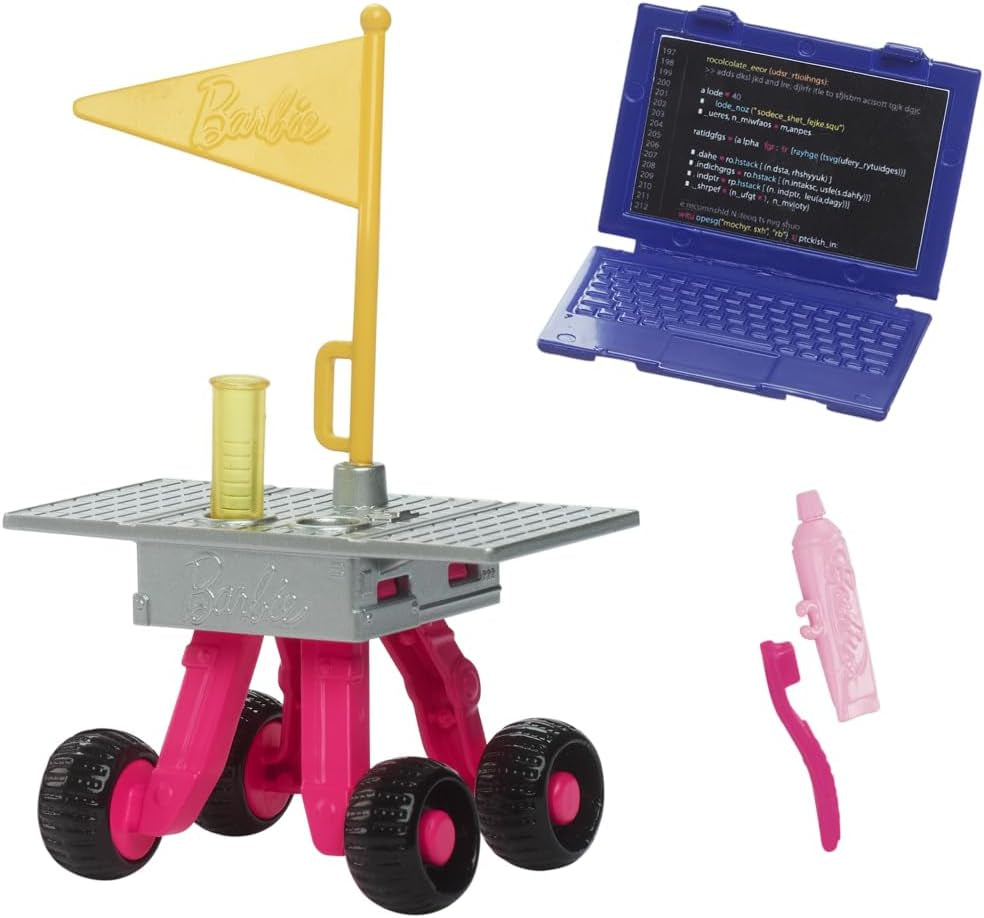 Poupée Barbie 65e anniversaire et 10 accessoires, ensemble astronaute poupée brune, rover à roues, casque spatial avec visière changeante et plus encore, HRG45