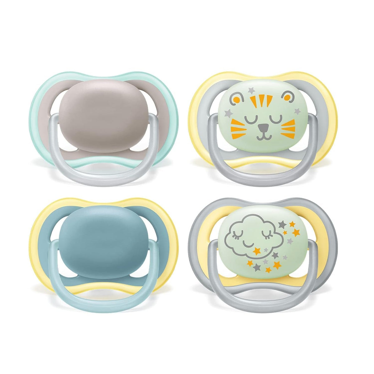 Philips AVENT Lot de 4 sucettes Ultra Air légères et respirantes : 2 sucettes phosphorescentes et 2 sucettes de jour, 18 mois+ (Modèle SCF349/43)