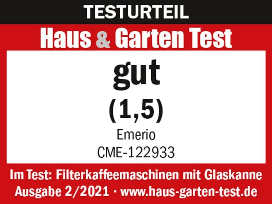 Emerio CME-122933, Cafetière filtre, 1,25 L pour jusqu'à 10 tasses de café frais, filtre amovible permanent, fonction anti-goutte, carafe en verre, arrêt automatique, 1000 watts, noir/argent