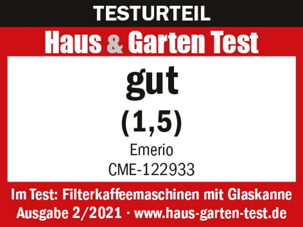 Emerio CME-122933, Cafetière filtre, 1,25 L pour jusqu'à 10 tasses de café frais, filtre amovible permanent, fonction anti-goutte, carafe en verre, arrêt automatique, 1000 watts, noir/argent