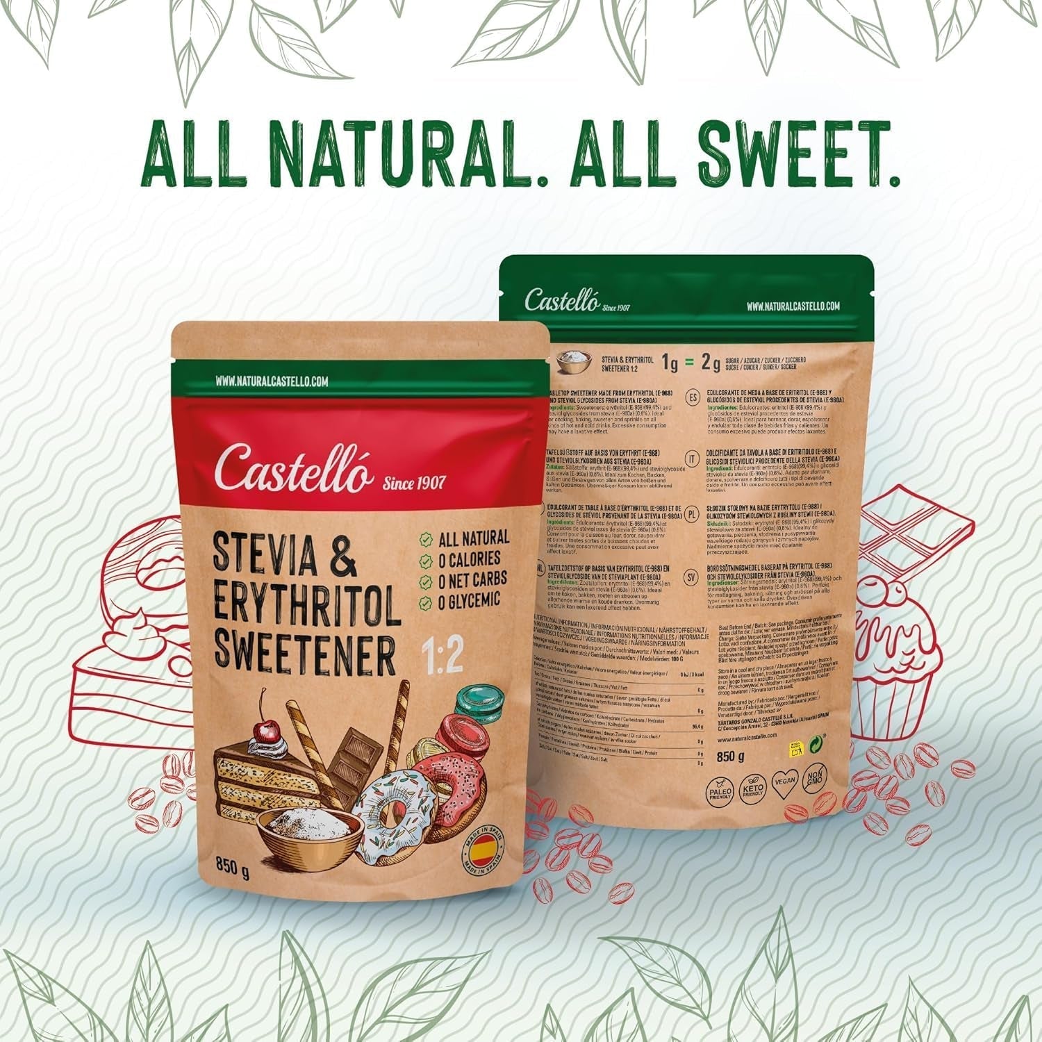 Stevia + Erythrit 1:2 Süßstoff | 1G = 2G Zucker | 100% Natürlicher Zuckerersatz - 0 Kalorien - 0 Glykämischer Index - Keto Und Paleo - 0 Netto-Kohlenhydrate - Kein GVO - Castello since 1907 - 850 G Indulcitori Naty Shop