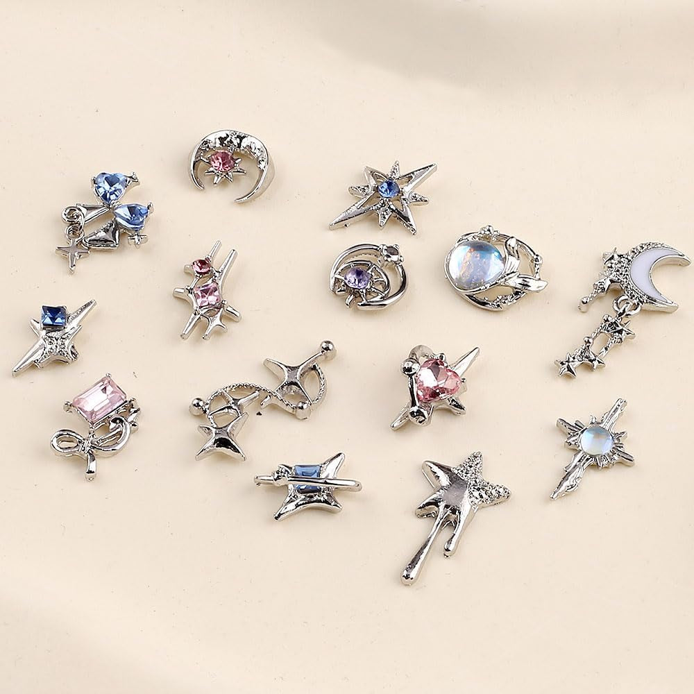 16 Style Luxus Mond Stern Nagel Charms 3D Nail Charms Y2K Legierung Strasssteine ​​​​Bogen Schmetterling Nagel Schmuck Metall Nail Art Charms Nägel Glitzersteine ​​​​Nailart Strass Nageldesign Zubehör
