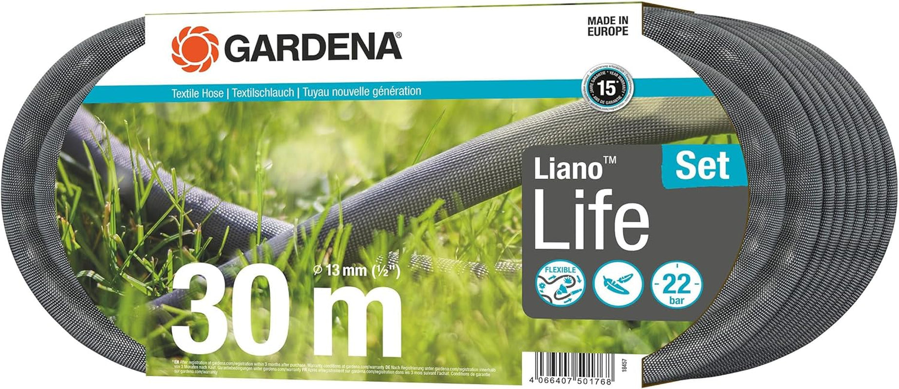 Furtun textil Gardena Liano Life 1/2 inch, set 30 m: Furtun de grădină extrem de flexibil din material textil, cu furtun interior din PVC, fără îndoituri, ușor, rezistent la intemperii (18457-20)